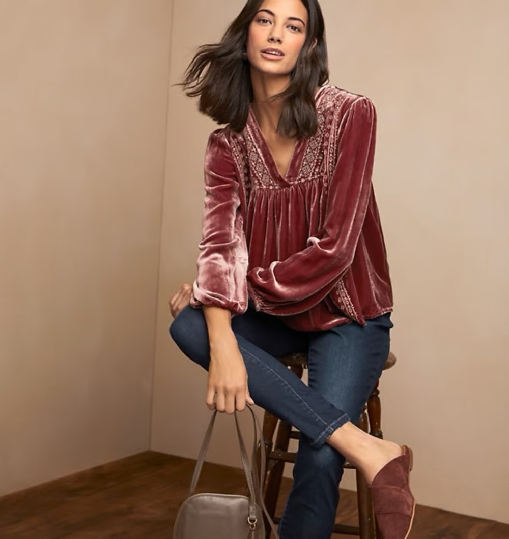 Garnet Hill Embroidered Velvet Top Womens 16 Pink Silk Blend V-Neck Long Sleeve
